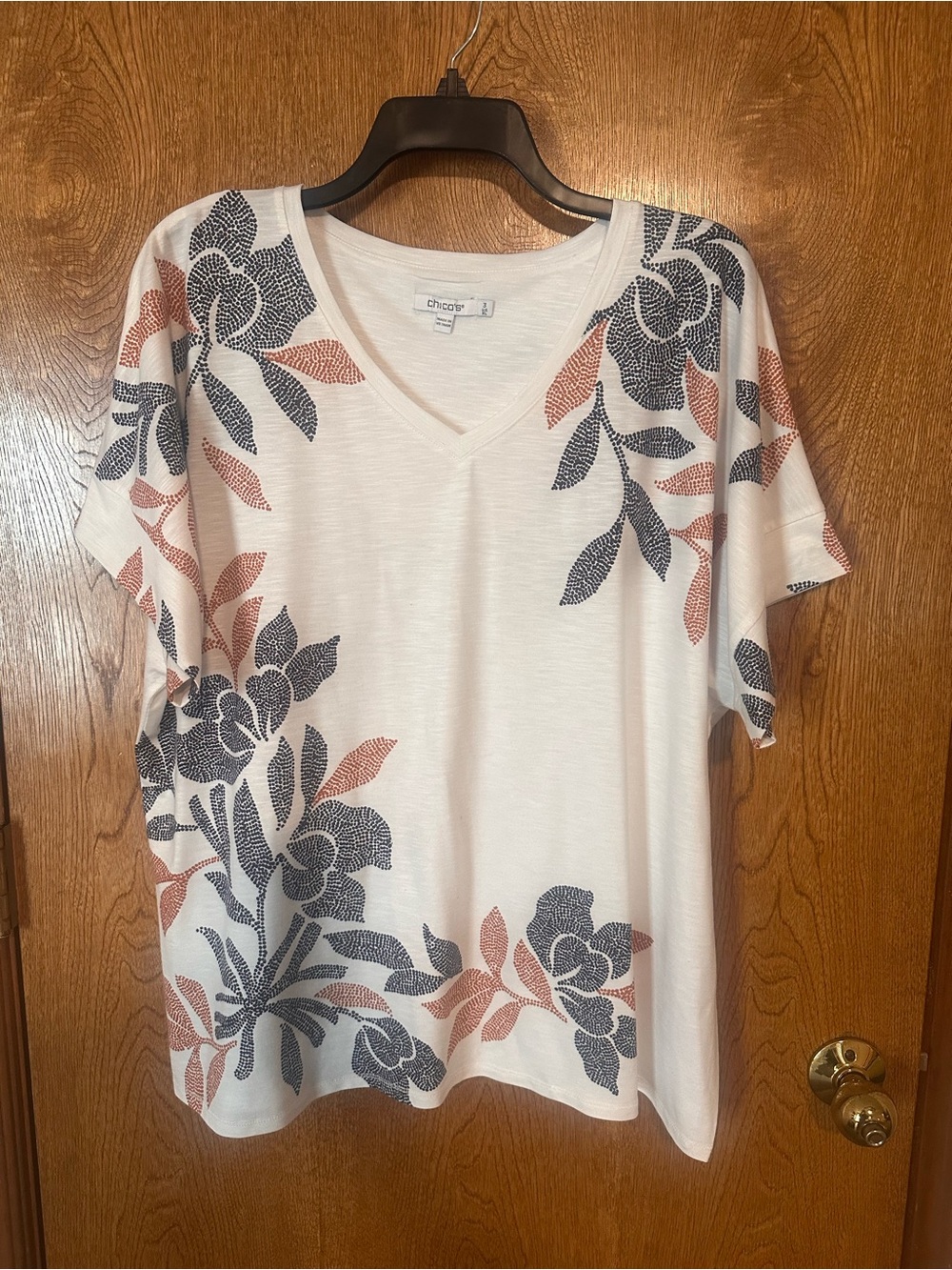 Chico's White V-Neck Tee with Navy and Rust Floral Print